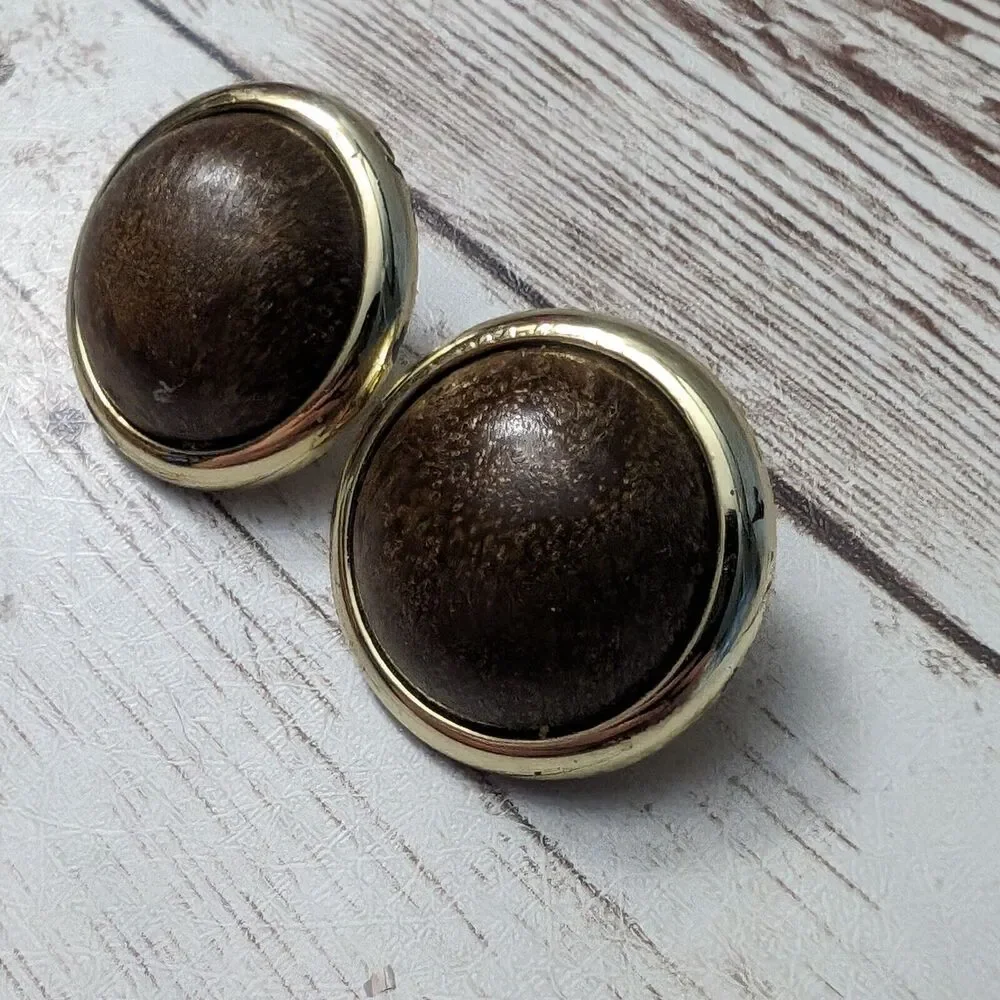 Vintage Clip On Earrings - Domed Patterned Brown with Gold Tone Halo